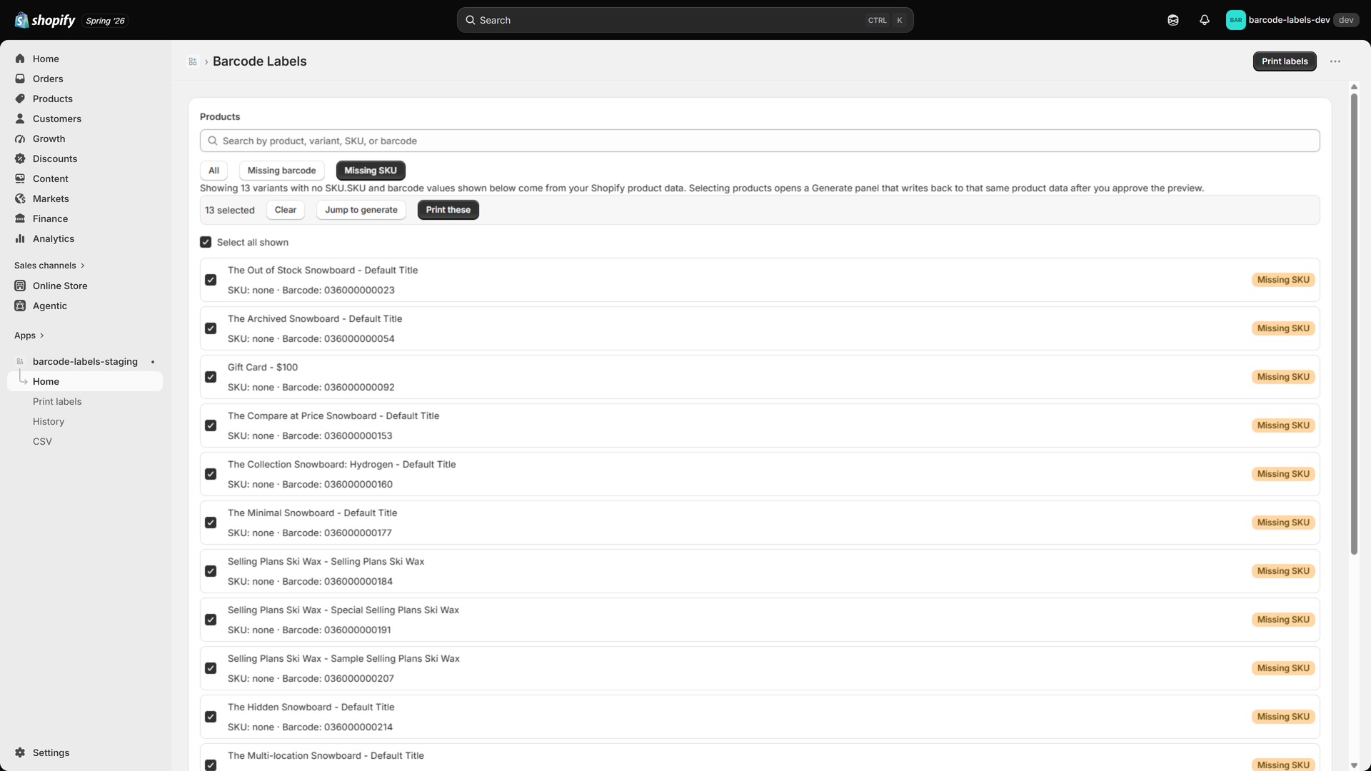 Generating SKU and barcode labels in the Mastiff Barcode Labels admin