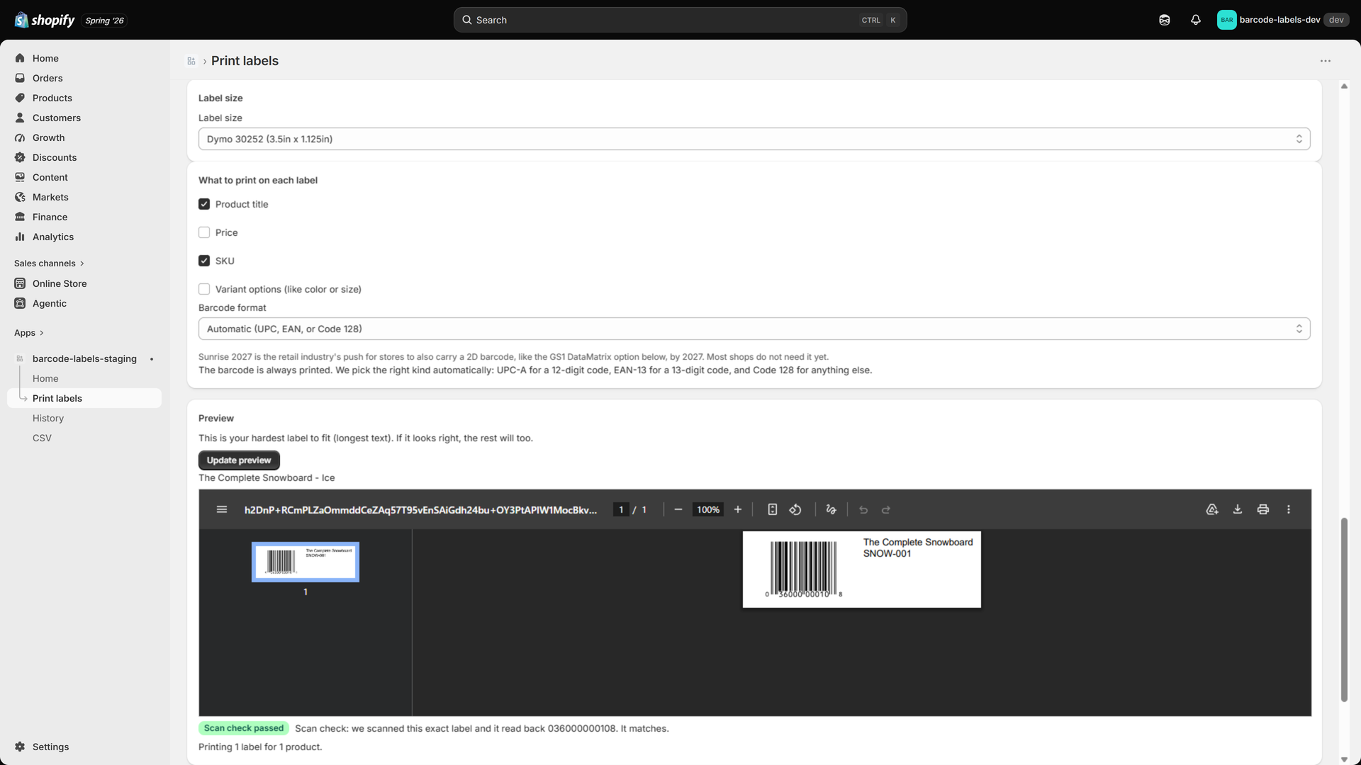 A print preview in the Mastiff Barcode Labels admin, checked before sending to the printer