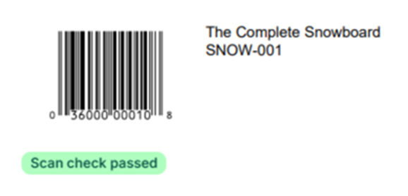 A barcode label from the print preview with the green Scan check passed badge