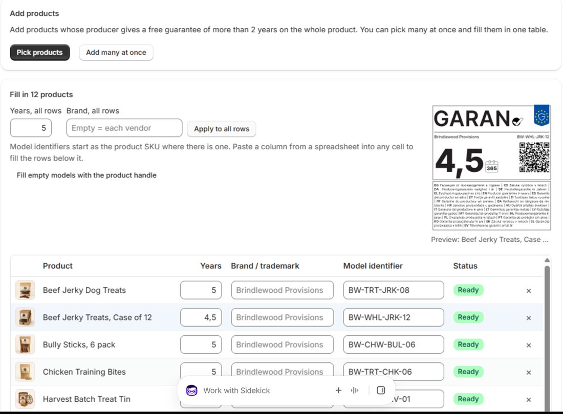 The GARAN page: many products in one table with years, brand and model, and a label preview