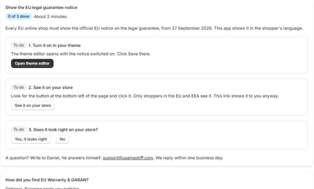 The app home page in Shopify admin with 3 setup steps