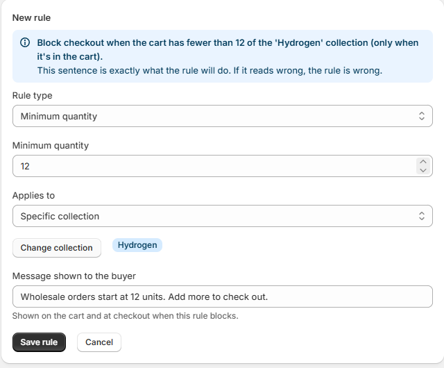 The Order Limits rule builder setting a minimum order amount